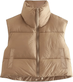 Aopwsrlyi Women's Fall Winter Crop Vest Stand Collar Lightweight Sleeveless Warm Padded Gilet Zip Up Vest With Pockets Light Brown X-Large