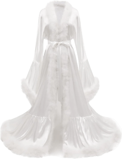 Feather Robe Silk Satin Bridal Wedding Dressing Gown Fur Trim Luxury Sleepwear Lingerie Nightgown Long Tail at Amazon Women’s Clothing store