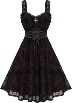Rosegal Women Plus Size Gothic Cross Mesh Overlay Lace Panel Ruffles Midi Dress Vinatge Goth Dress