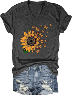 Women's T-Shirts V-Neck Boho Flowers Wildflowers Tee Cute Summer Graphic Shirts Short Sleeve T Shirt Large D-dark Gray1