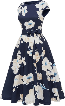 DRESSTELLS Women's Cocktail Dresses, Formal Wedding Guest Church Modest Graduation Party Prom Dress 2025 Navy Yellow White Flower Medium