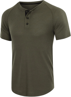 Men's Waffle Knit Henley Shirts Short Sleeve T-Shirts V-Neck Button Summer Solid Color Blouse Tops Army Green Small