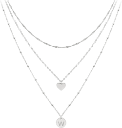 Aisansty Dainty Layered Initial Choker Necklaces Handmade 14K Gold Plated Tiny Heart Personalized Letter Disc Pendant Adjustable Chain Layering Gold Necklaces for Women Gift Jewelry W-Silver