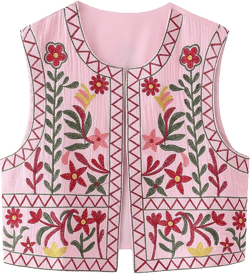 Wyeysyt Women Vintage Floral Embroidered Vest Sleeveless Boho Cardigan Y2k Casual Open Front Cropped Waistcoat Pink Small
