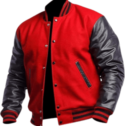Varsity Jacket Mens Real Leather Sleeves Wool Blend Bomber Style Baseball College Coat Streetwear Medium Red/Black