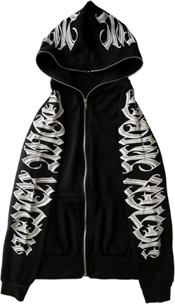 Women Zip Up Hoodie Y2k Letter Graphic Print Rhinestone Oversized Hoodies Gothic Jacket Vintage Streetwear Large Black