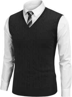 COOFANDY Men's Sweater Vest V Neck Slim Fit Cable Knitted Sleeveless Pullover Sweater Black X-Large