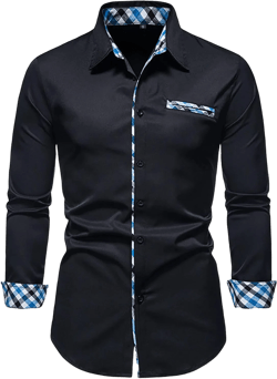 Men's Long Sleeve Fashion Collar Contrast Shirt Slim-Fit Casual Buttons Fashion Shirt Plaid Collar Dress Shirt