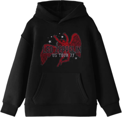 Led Zeppelin Red Icarus Logo Long Sleeve Youth Black Hooded Sweatshirt-Large