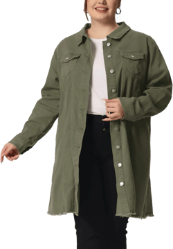 Agnes Orinda Women's Plus Size Denim Jacket Casual Long Distressed Button Up Pockets Jean Jackets 2X Green
