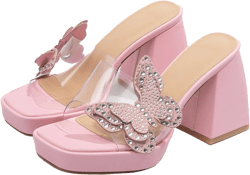 Women's Rhinestone Butterfly Clear PVC Platform Chunky Heel Sandals Sexy Open Square Toe Slip-On Block Heel Dress Party Shoes for Prom Evening Dating 9 Pink
