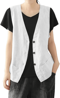 Kinghua Womens Cotton Linen Vest Casual Sleeveless Lightweight Button Front Blazer Vest Jacket XX-Large White
