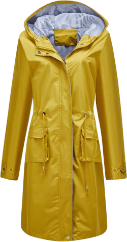 Women's Hooded Rain Jacket Long Waterproof Raincoat Casual Full Zip Anorak Midi Windbreaker Pockets XX-Large Yellow