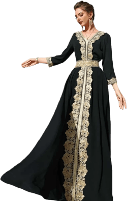 PolyJolly Gold Applique Abaya Dress for Women Dubai Sadui Fancy Moroccan Arabic Jalabiya Eid Collection Black07 Medium