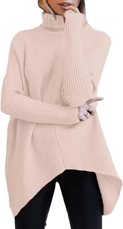 ANRABESS Womens Oversized Turtleneck Batwing Long Sleeve Casual Cozy Baggy Knit Pullover Tunic Sweater 2025 Fall Outfits Small Pink
