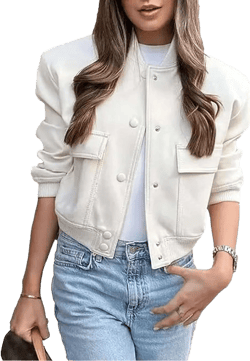 Zontroldy Women's Cropped Casual Long Sleeve Varsity Jacket Bomber Jackets Y2k Streetwear Shacket with Pockets Medium Beige