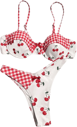 Women's 2 Piece Y2K Gingham Bow Bikini Set Cherry Underwire Bikini Thong Swimsuit High Waisted Bathing Suit Beachwear Red and White X-Large