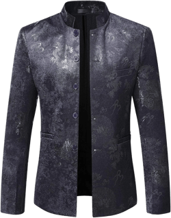 Men's Chinese Dragon Print Tunic Suit Mandarin Collar Slim Fit Suit Jacket Front Button Blazer Traditional Uniform