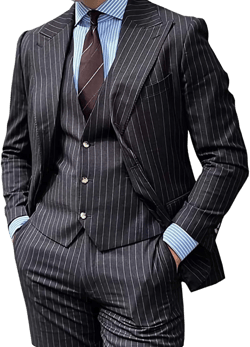 Men's Pinstripe Suit 3 Piece Slim Fit Lapel Stripe Blazer Vest Pant for Business Wedding Black 50