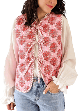 Tie Front Vests for Women Graphic Cottagecore Women’s Padded Gilet Quilted Puffer Vest Sleeveless Bow Bands Tie Tops Pink Floral Small