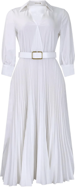 Elainone Women’s 3/4 Sleeve Flared A Line Dress Wedding Guest Casual Semi Formal Office Lady Dresses with Belt X-Large Pleated White