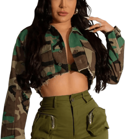 HTD Women's Cropped Jean Jacket Button Up Long Sleeve Ripped Distressed Denim Jacket Frayed Hem Small Army Green