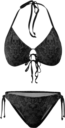 htrewtregregre Women's Victorian Gothic Black Skull Damask Strappy Triangle Brief Swimsuit Bra