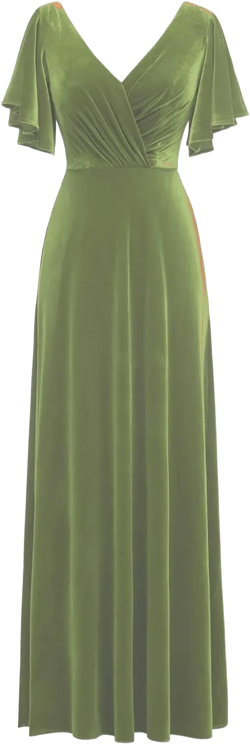 Flutter Sleeve Velvet Bridesmaids Dresses V Neck Women Wedding Long Bridesmaid Dresses for Fall 6 Sage Greem