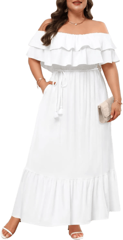 Plus Size Off The Shoulder Maxi Long Casual Layered Ruffle Beach Sundress Women Pocket 2024 20 Plus White
