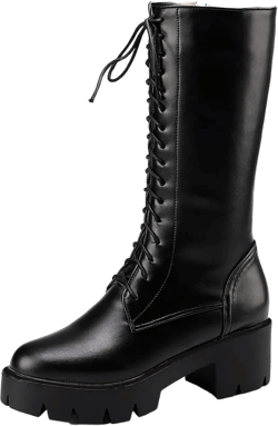 Amazon.com | MIOKE Women's Round Toe Lace Up Dressy Boots Mid Wide Calf Platform Chunky Mid Heel Western Riding Boots | Mid-Calf