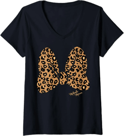 Womens Disney Minnie Mouse Leopard Print Bow V-Neck T-Shirt,Short Sleeve