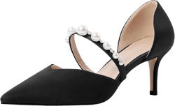 Joseywade Low Heels for Women Kitten Heels Pumps Pearl Strappy Closed Pointed Toe Slip-on 2.5 Inch Wedding Bridal Brides D'Orsay Dress Shoes 5 Satin Black
