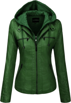Tanming Women's Removable Hooded Faux Leather Jackets Large Green