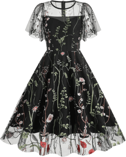 Women Keyhole Floral Embroidery Dress Sheer Mesh Illusion Vintage Cocktail Swing Dress Wedding Party Prom Tulle Evening Dress XX-Large Black--ruffle Sleeve