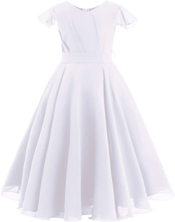 Flower Girl Chiffon A-line Dresses Wedding Junior Bridesmaid Party Princess Pageant Communion Maxi Gowns with Belt 3-4T White