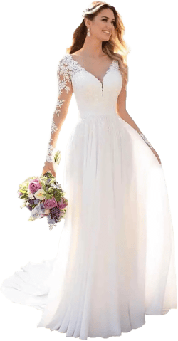 Clothfun Womens Long Sleeve Lace Beach Wedding Dress 2024 V-Neck Chiffon A-Line Summer Bridal Gown for Bride Ivory Size 14B