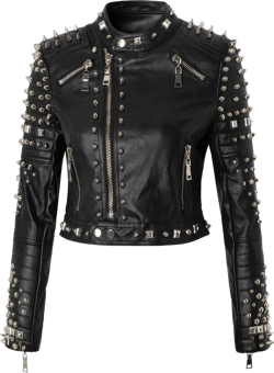 Women’s Real Sheepskin Black Biker Rivet Steam Punk Café Racer Rock Retro Spikes Stand Collar Leather Jacket Medium Black