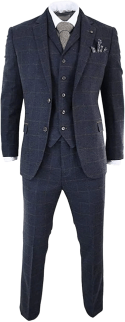 UMISS Men's Plaid Notch Lapel Suit Jacket Vest & Pants 3-Piece Suit Set 46 Navy Blue