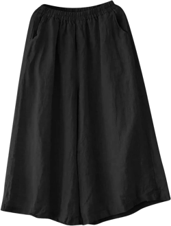 JOAU Womens Summer Capri Pants Elastic High Waist Cotton Linen Yoga Pants Wide Leg Casual Loose Pockets Cropped Trousers X-Large Black