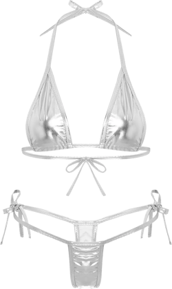 ACSUSS Women Shiny Metallic 2Pcs Bikini Sets Metallic Swimsuit Beachwear Triangle Bra Thongs One Size Silver
