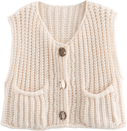 Bozanly Womens Chunky Knit Sweater Vest Cute Button Down Sleeveless Crop Crochet Cardigan Vest 2025 Large Beige