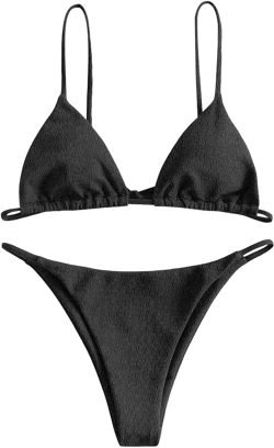 ZAFUL Women's Sexy Triangle Bikini Set Cami String Swimwear Texture High Cut Thong Swimsuit Cheeky Two Piece Bathing Suit Medium Black New 5