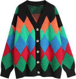 Ckikiou Women's Oversized Fall Winter Button Down Cute Color Block Knitted Chunky Sweater Cardigan Top One Size 1# Plaid Black