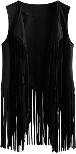 Women Tassels Fringed Vest Cardigan Suede Ethnic Sweater Vest Fall Winter Coats Solid Vest Jacket Sleeveless Outerwear Black X-Large