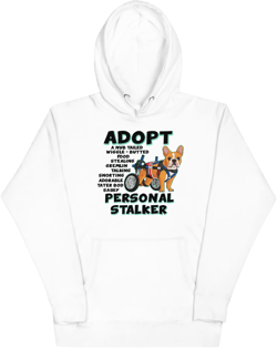 "Adopt A Personal Stalker" Male French Bulldog Unisex Hoodie | Red & White Colored with Spina Bifida in Wheelchair