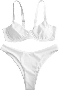 ZAFUL Women's Ribbed Underwire Bikini Set High Cut Colorblock V Notch Swimwear Printed High Leg Swimsuit X-Small White