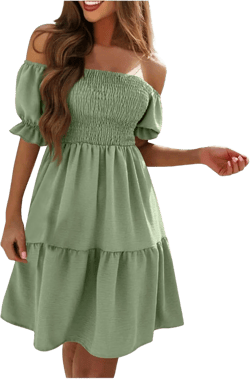 Summer Dresses for Women 2024 Midi Off Shoulder Puff Sleeve Dress Pleated Ruffle Elegant Dress Trendy Casual Sundress Small Green