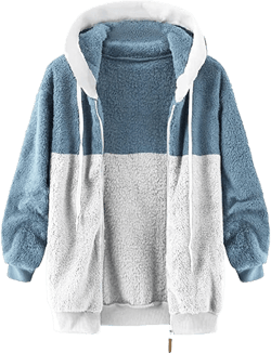hlysgo Fuzzy Fleece Jacket Womens 2025 Winter Warm Color Block Patchwork Hoodies Plus Size Coats Outerwear with Pockets 07 Blue Medium
