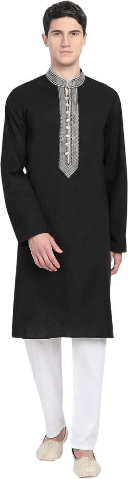 SKAVIJ Men's Pure Cotton Embroidered Kurta Pajama Set Thread Work Festive Party Wear Great Father's Day Gift X-Large Black