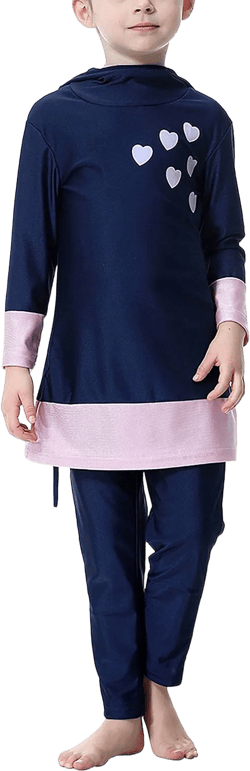 AUBIG Muslim Swimsuit for Kids Girls Long Sleeve Full Coverage Burkini Swimwear Quick Dry Modest Islamic Bathing Suit 1-2T B/Blue